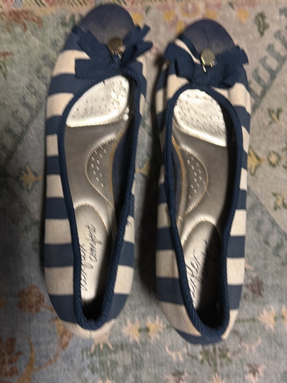 AEROSOLES Navy and White Striped Wedge-Style Flats with Bow Accent